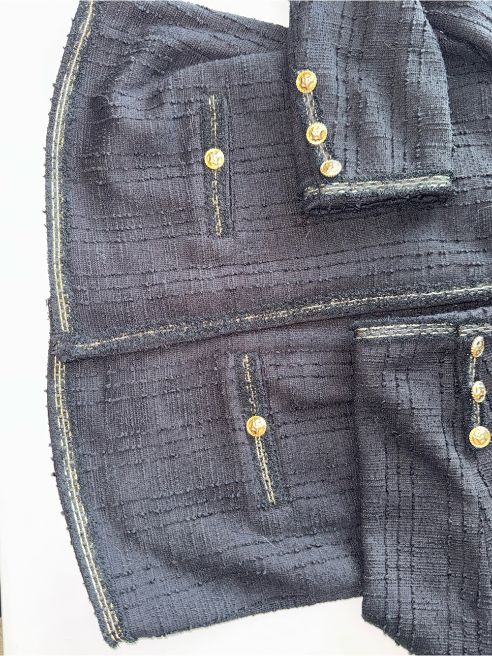 Adrianna Papell Black Tweed Boucle Blazer Gold Trim Collarless Jacket Size M - Picture 7 of 11